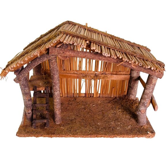 Vintage Nativity Set Wood Manger Stable 10 Hand Painted Bisque Ceramic Figurines - Picture 2 of 9